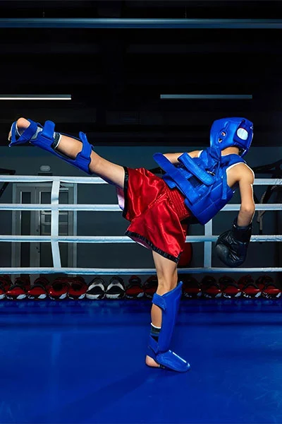 Combat sports events application scene with boxing ring and equipment