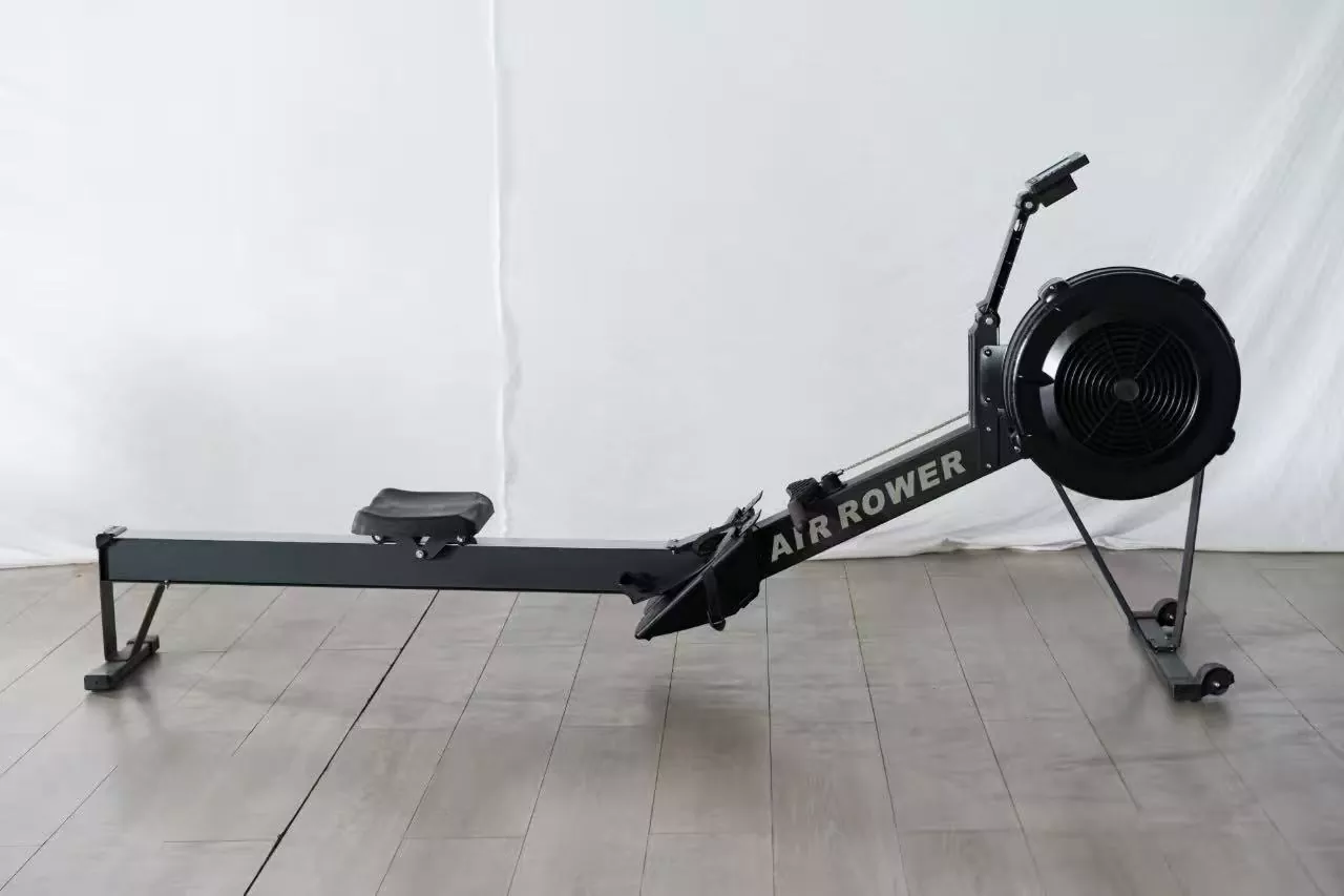 Air rower performance monitor displaying workout data