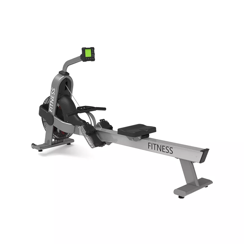 Rowing machine with air resistance flywheel and performance monitor