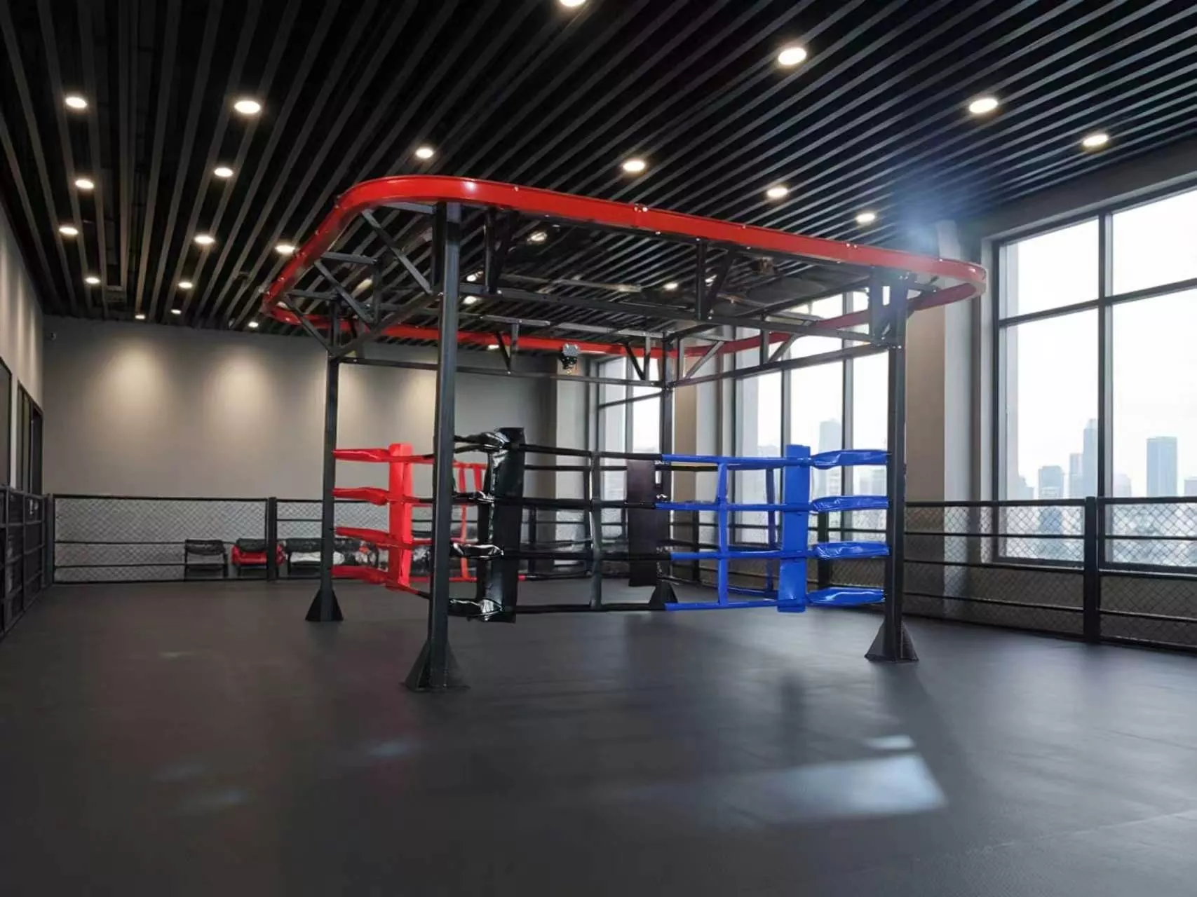 Multi-functional integrated boxing frame combining sparring ring and heavy bag hanging system